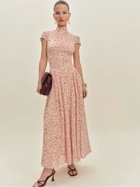 Reformation Cream and Pink Floral High-Neck Maxi Dress